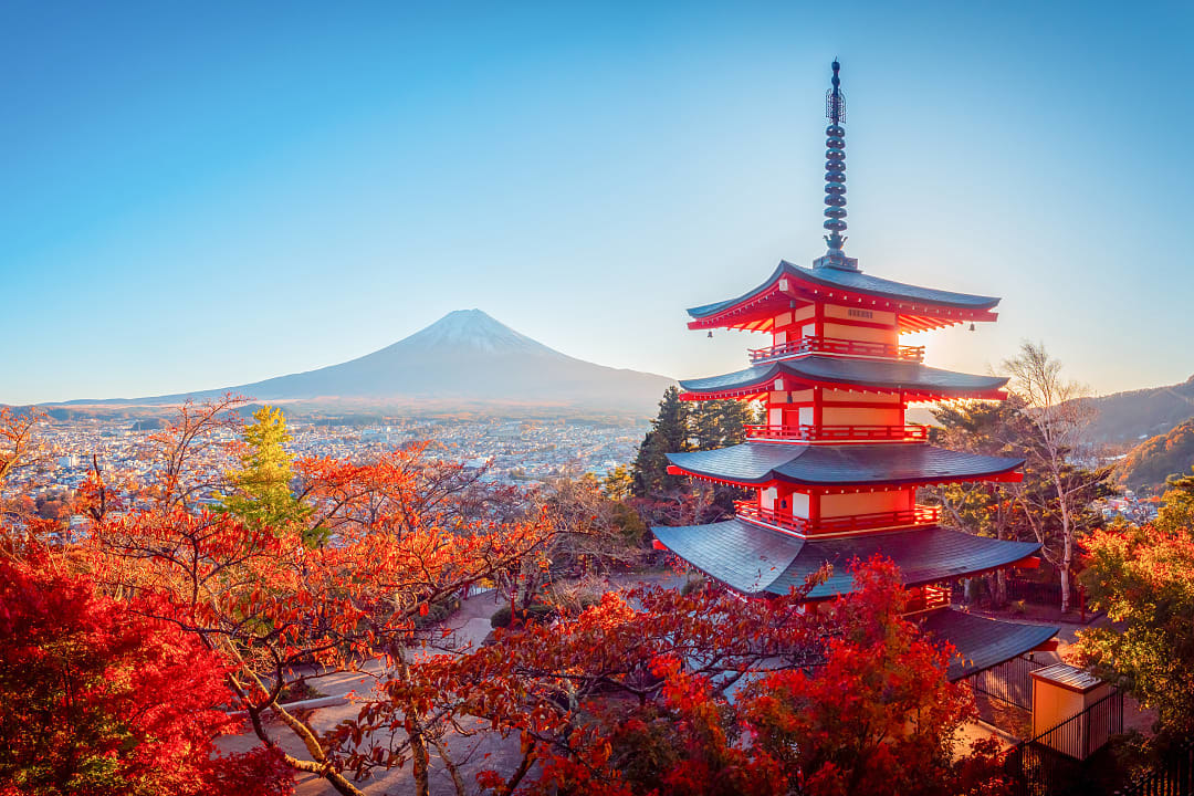 Fall foliage surrounding Chureito Pagado with snow capped Mount Fuji in the distance