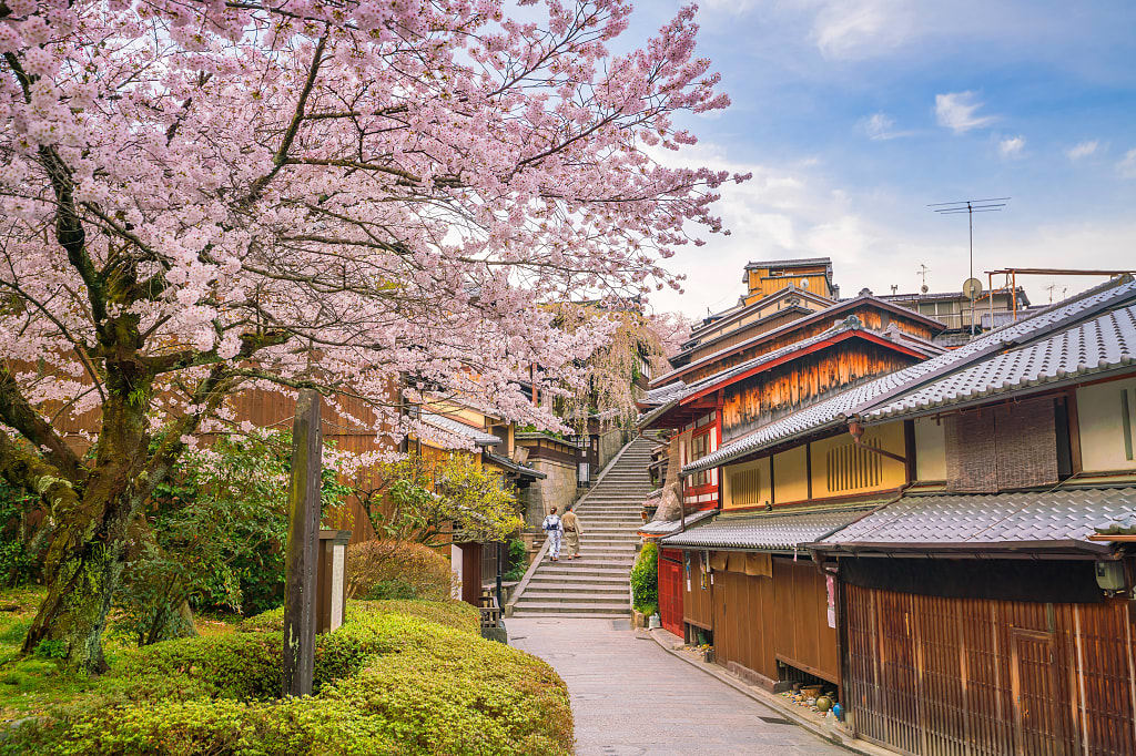 The Higashiyama district of old town Kyoto during cherry blossom season in Japan
