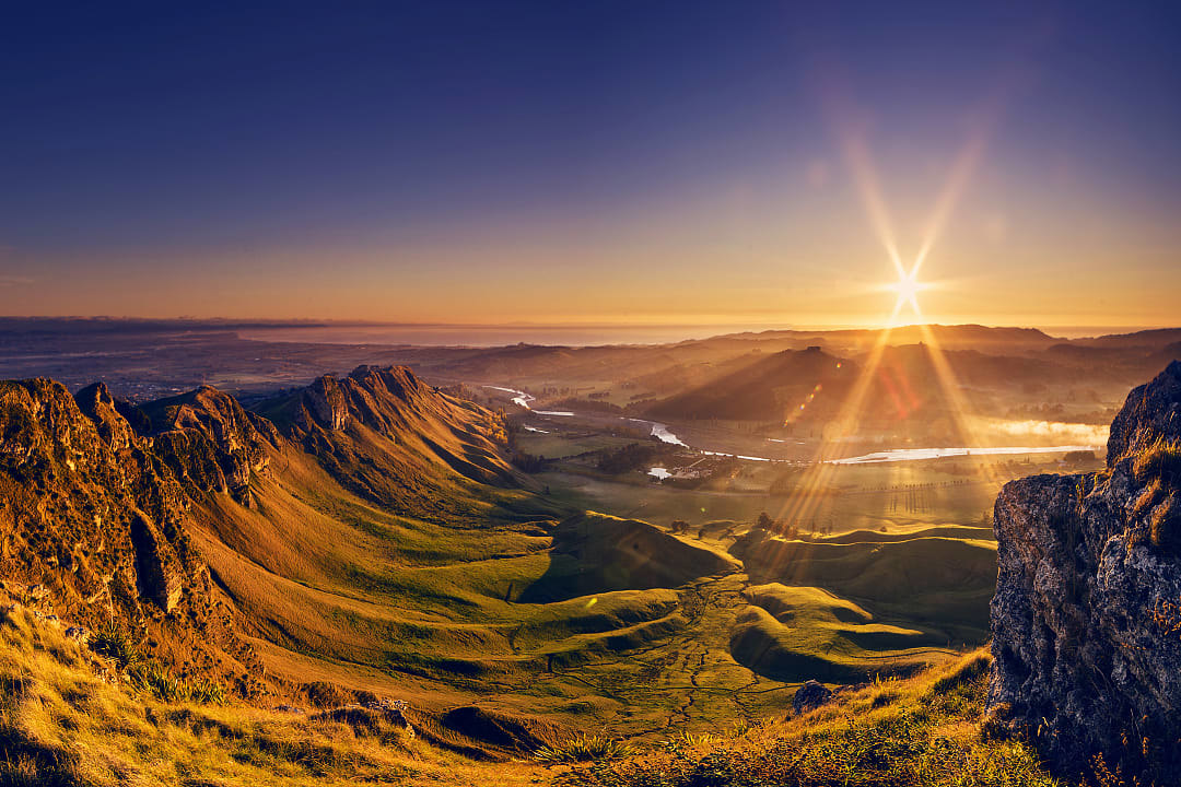 Spectacular scenery with sunset view from Te Mata Peak in Hawke's Bay, New Zealand.