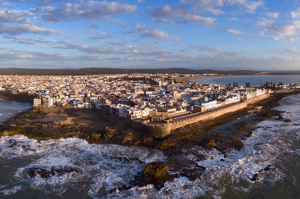 Aerial panorama of medieval Essaouira, old city on Atlantic coast at sunset, Morocco