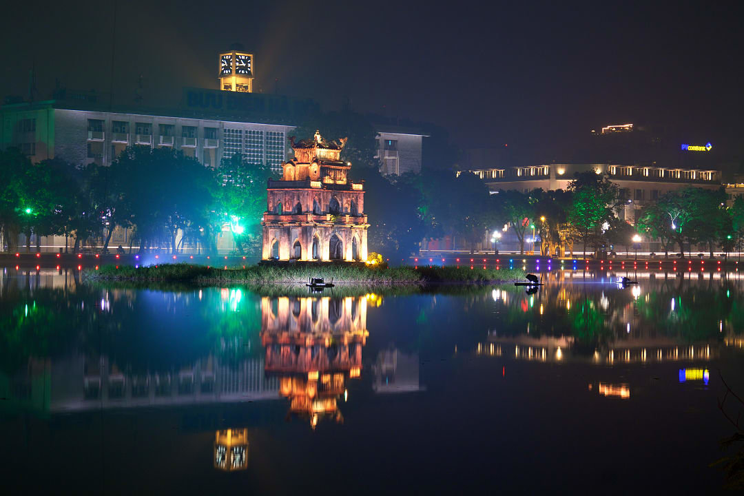 Night view of Turtle Tower on Hoan Kiem Lake