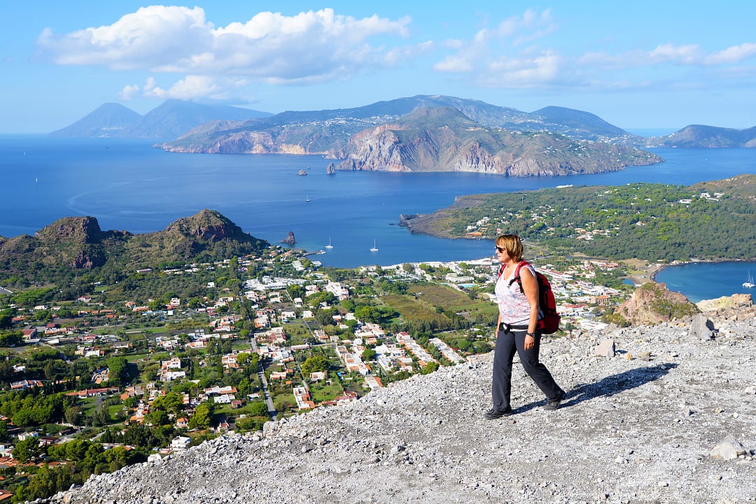 Senior lady hiking at Aeolian Island in Italy