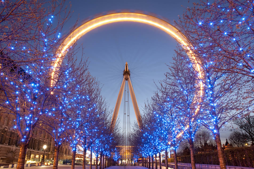 A festive view of the London Eye during the Christmas season.