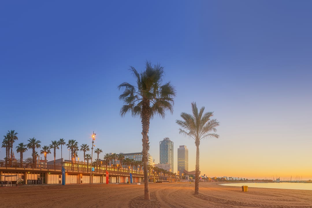 Sunrise at Playa de la Barceloneta in Barcelona, Spain