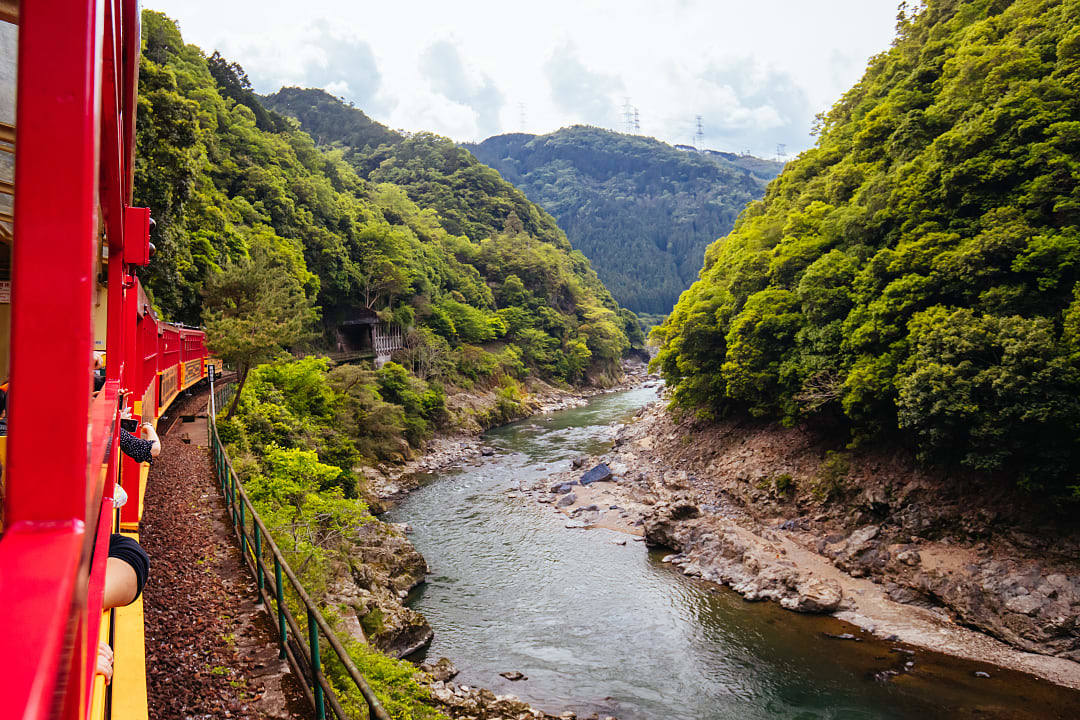 The Sagano Scenic Railway train in Japan.