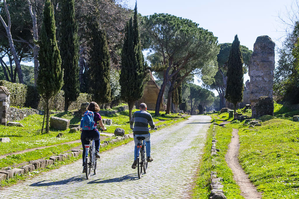 Biking down Appian Way in Rome, Italy