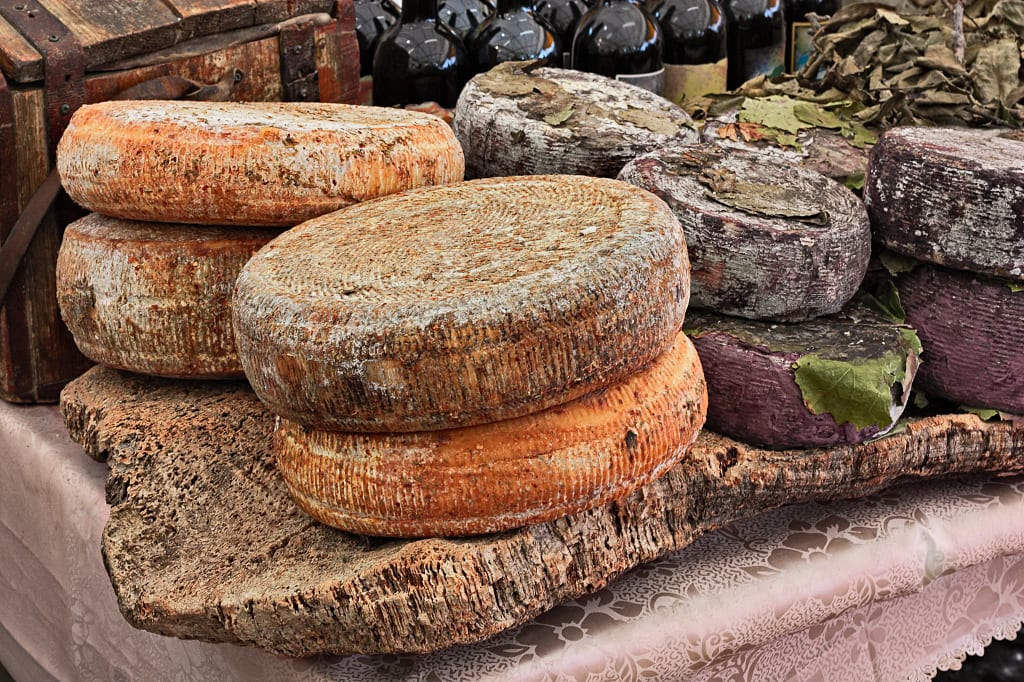Artisan cheeses at a market in Sardinia, Italy
