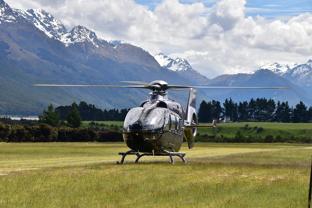 A private helicopter in a field in Queenstown, New Zealand.