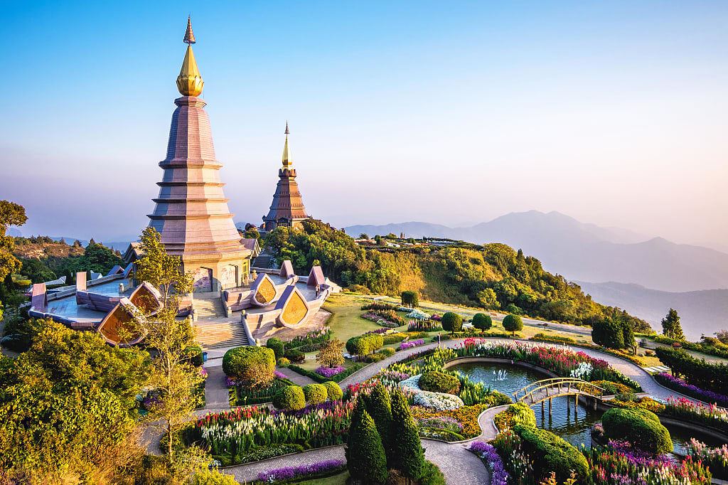 Twin pagodas and gardens at Doi Inthanon National Park Doi Inthanon National Park in Chiang Mai, Thailand