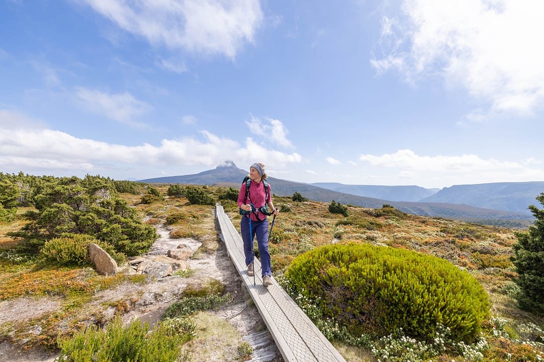 A woman wandering through Lake St Clair National Park in Tasmania.