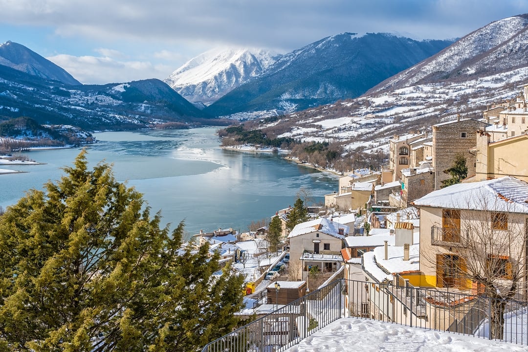 Panoramic view of Barrea during winter season in L'aquila, Abruzzo, Italy