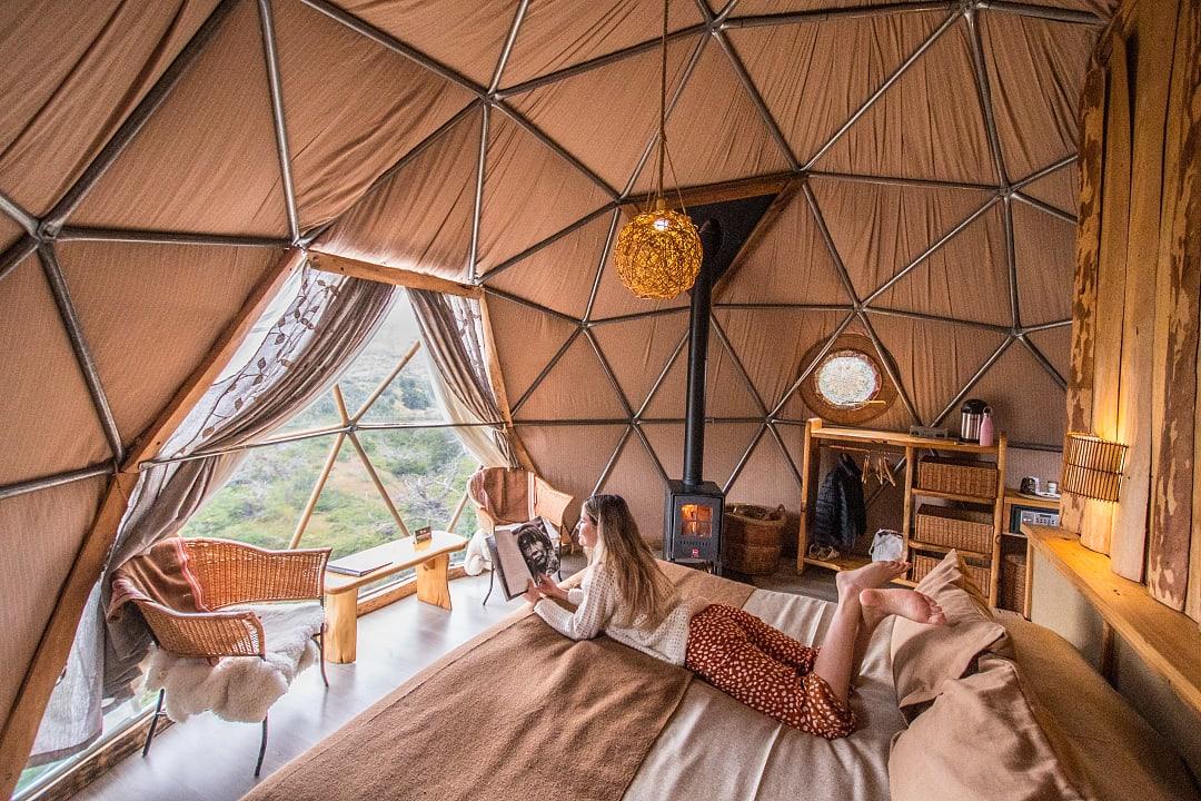 Glamping dome interior at EcoCamp Patagonia in Torres del Paine, Chile
