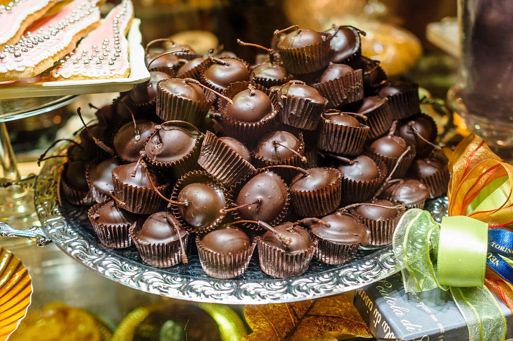 Chocolate covered cherries at a confetteria in Turin