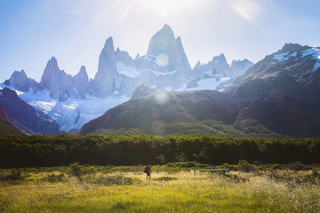 Hiking under Fitz Roy in Los Glaciares National Park in Patagonia, Argentina