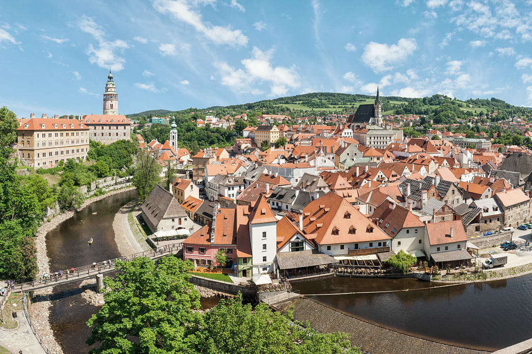 Aerial view of Český Krumlov’s Old Town and Vltava River in the Czech Republic