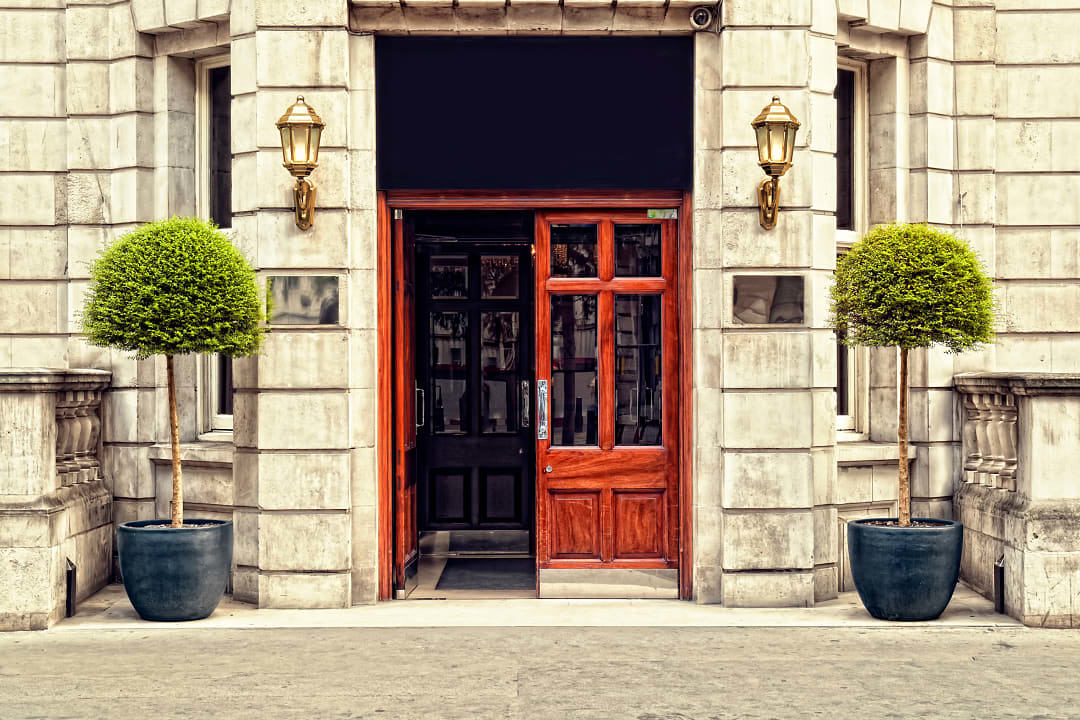 Front door of hotel in London.