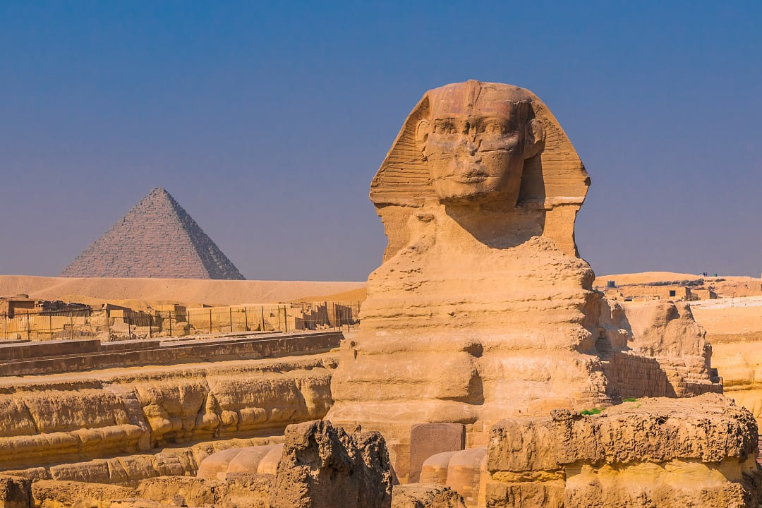 Great Sphinx of Giza with the Pyramid of Khafre in the background near Cairo, Egypt