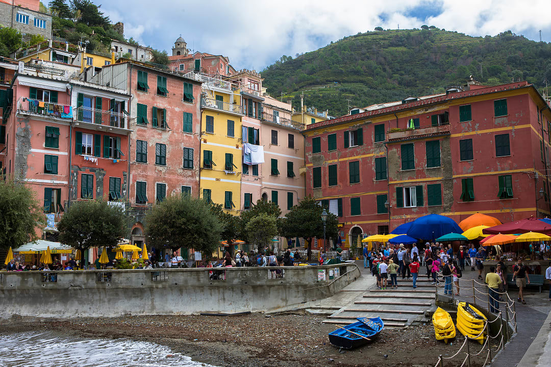 The busy harbor square of Vernazza, Cinque Terre.