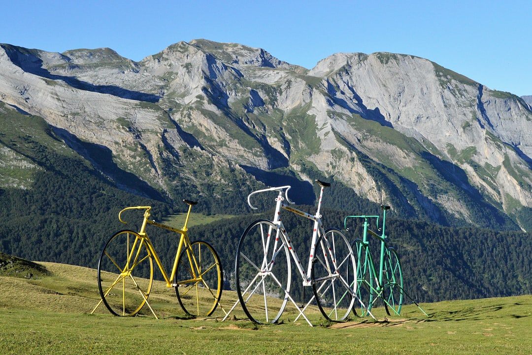 Bike sculptures at Col d'Aubisque in the Pyrenees