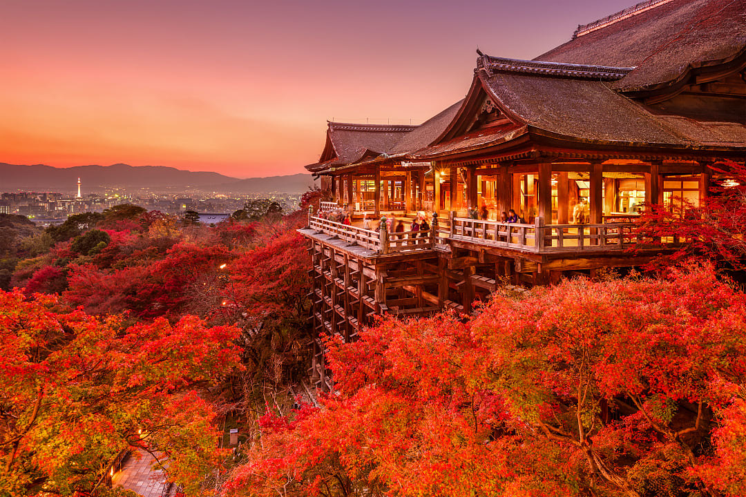 Kiyomizu-dera Temple at sunset in Kyoto, Japan