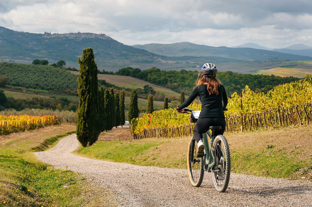 Woman biking on path through cypress trees and vineyards in Tuscany