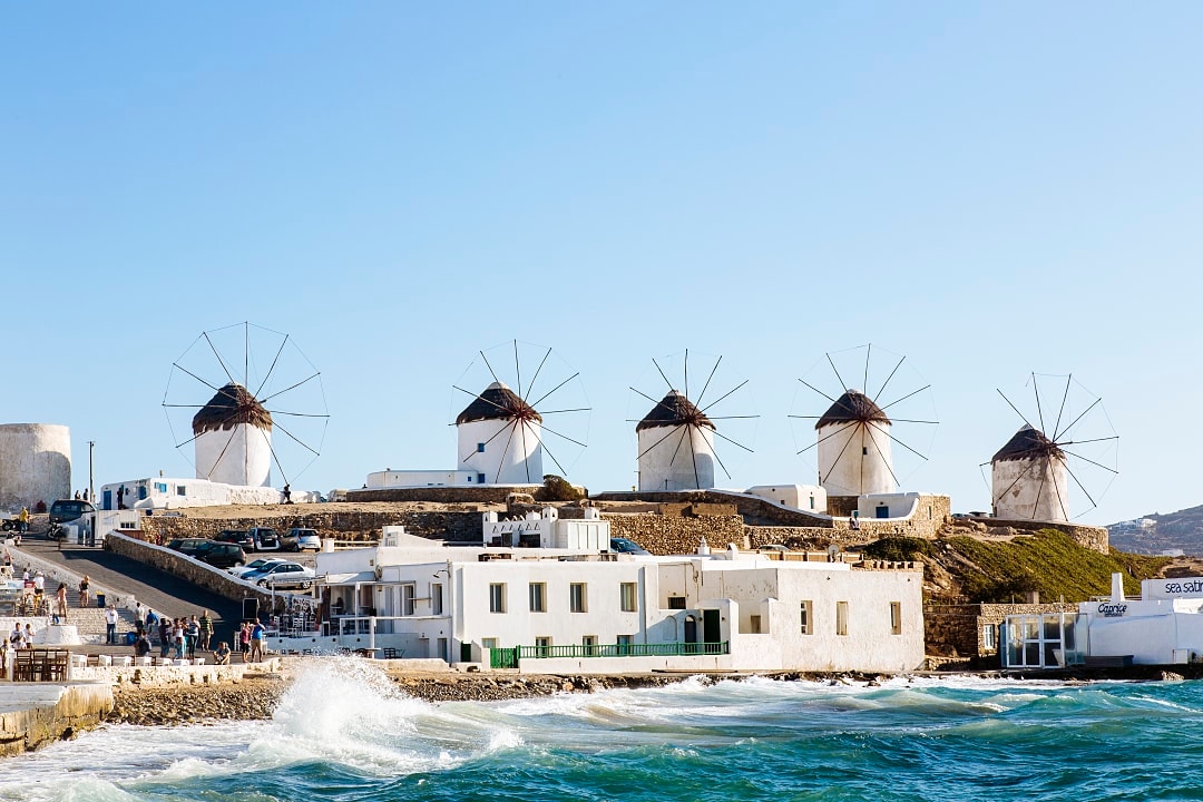 Windmills in Mykonos, Greece.