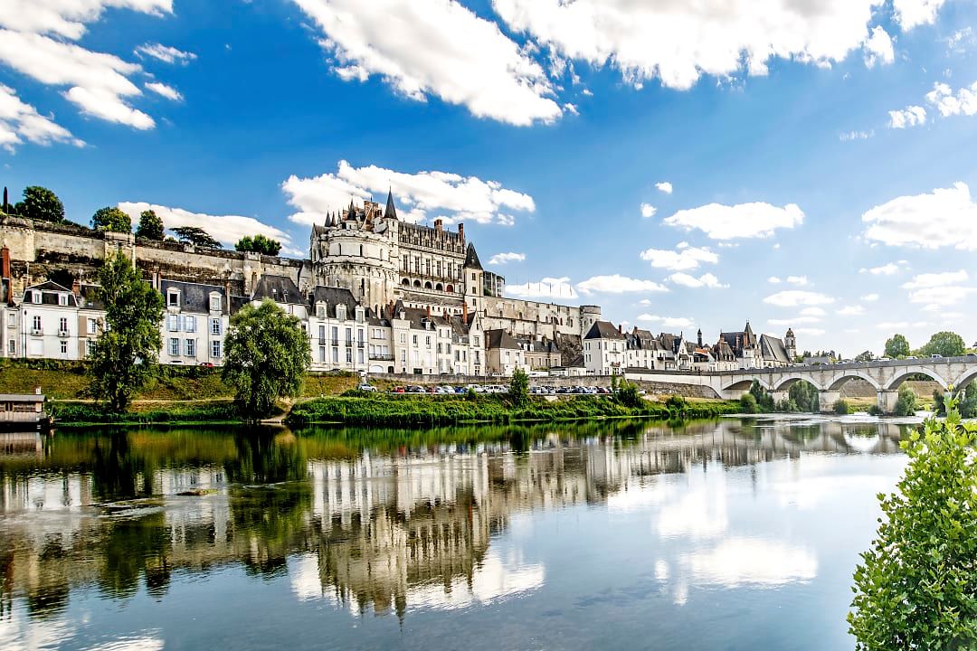Landscape of the river flowing next to some castles in Loire Valley, France.