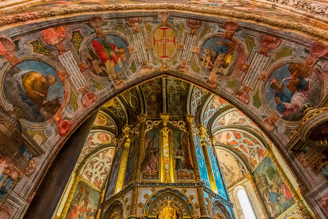 Ornate frescoed interior of the Convent of Christ, former Templar stronghold in Tomar, Portugal