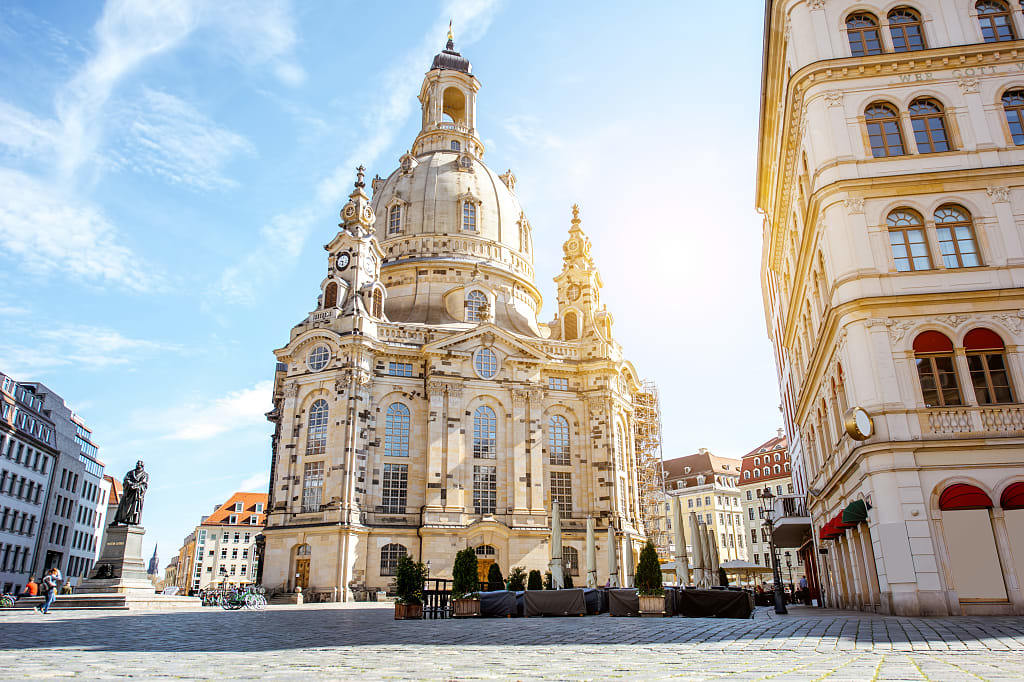 The main city square with famous church of our lady during the sunrise in Dresden, Germany