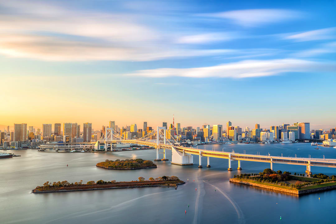 View of Tokyo Tower, Rainbow Bridge, and the city skyline.