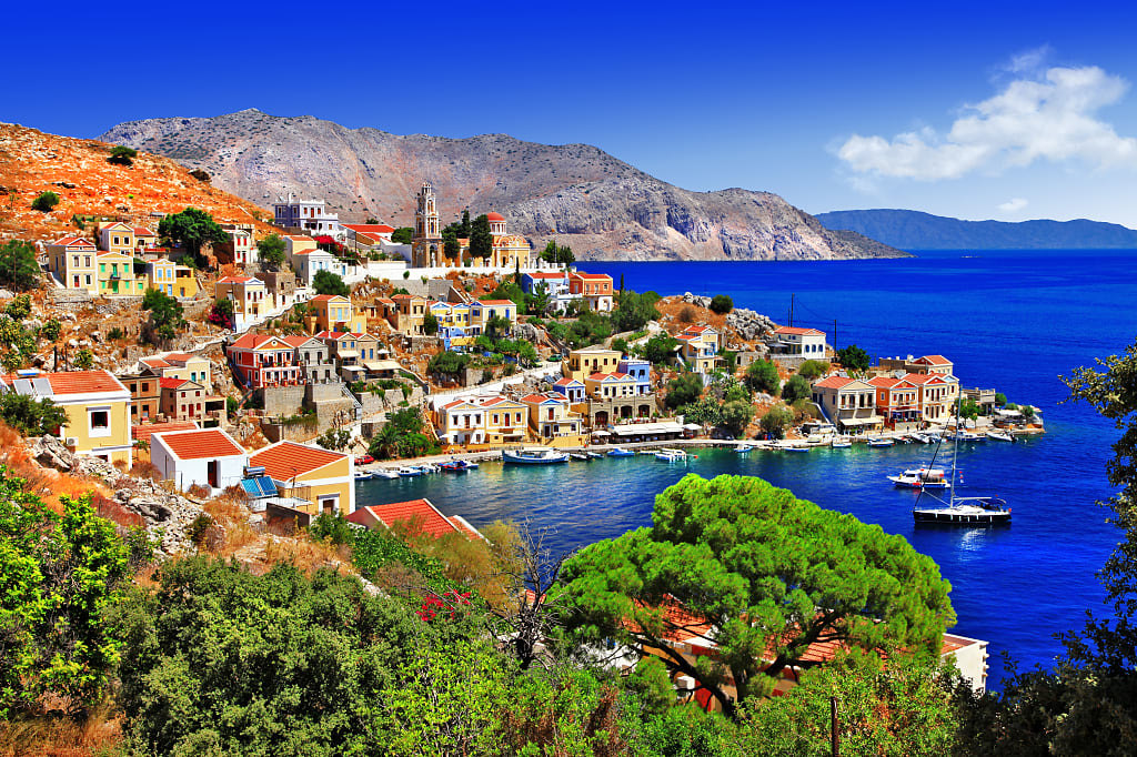 An aerial view of the colorful ambience of Symi