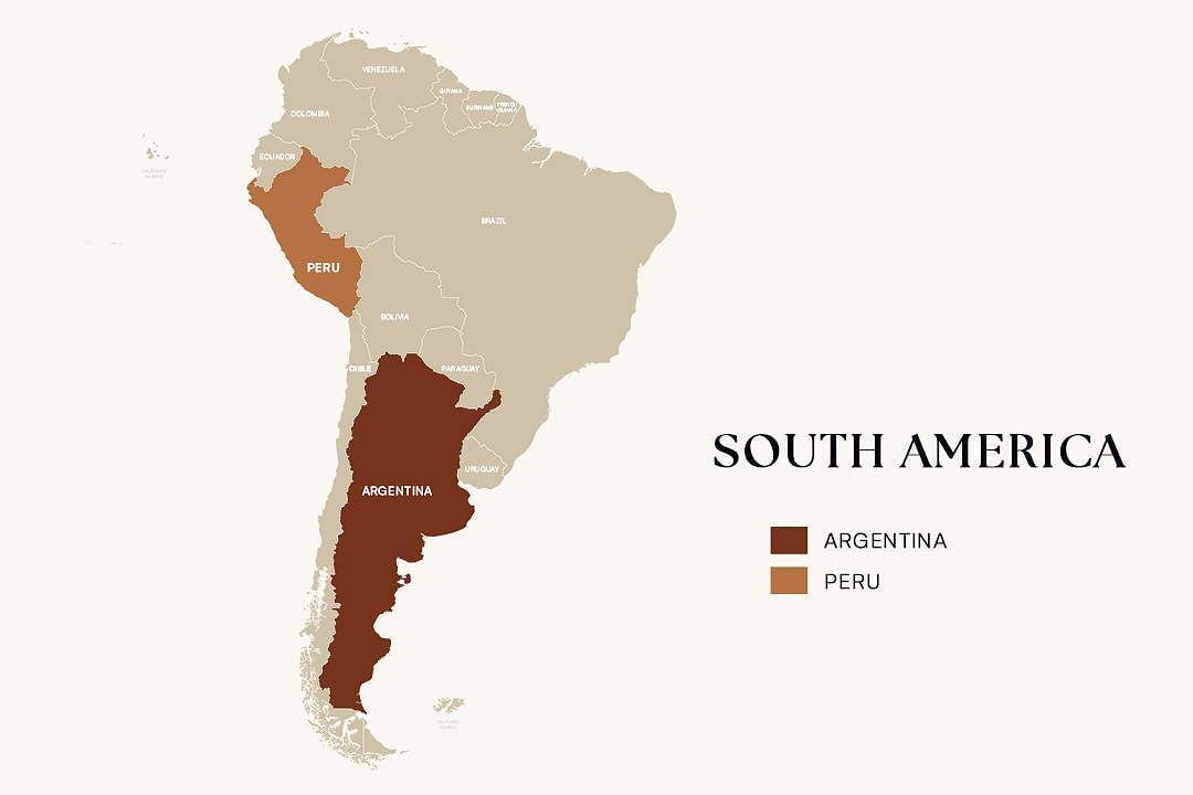 Map of South America highlighting Argentina and Peru