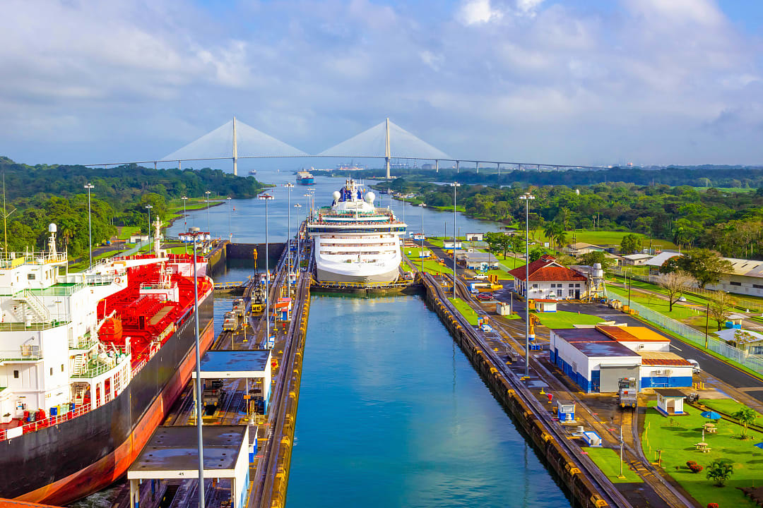 Cruise ship passing through the Panama Canal locks