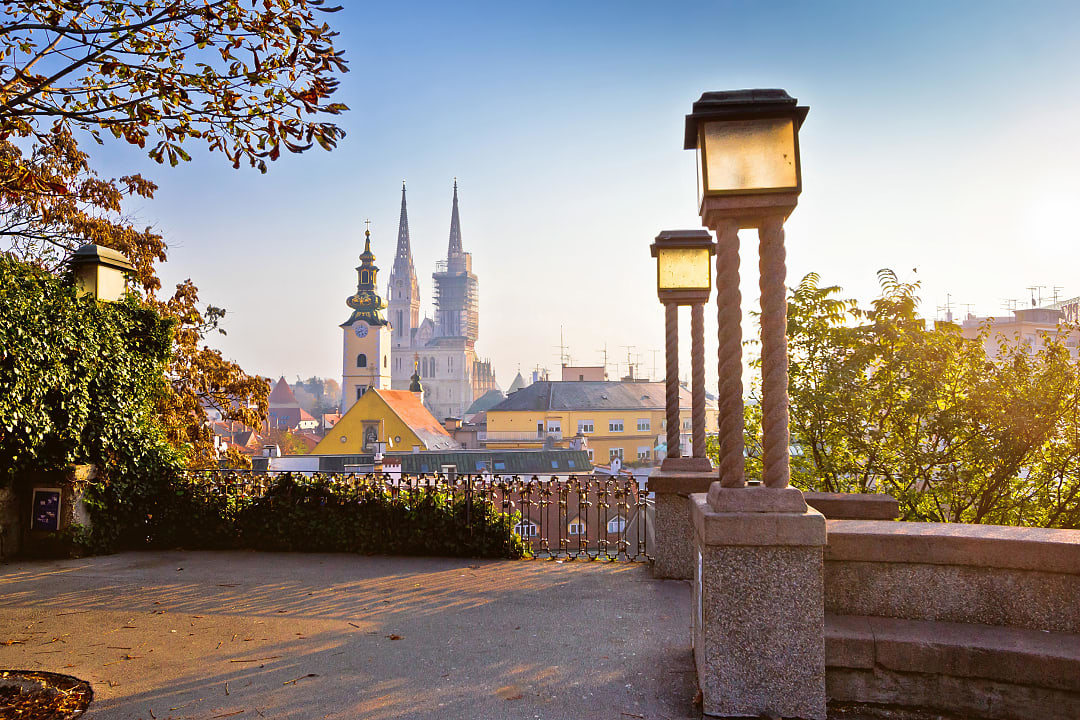 View of the Zagreb Cathedral at sunset.
