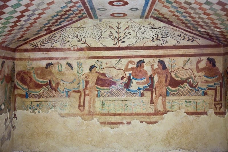 Fresco on the wall of an Etruscan tomb in Tarquinia, Italy.