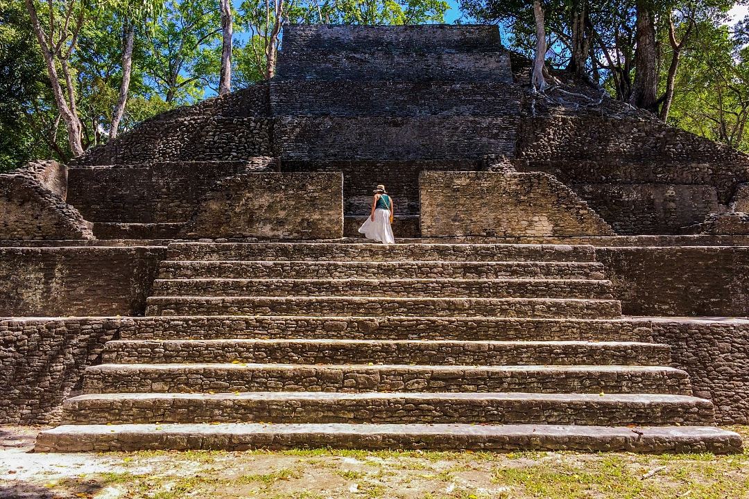 Female traveler at Cahal Pech Mayan Ruin in San Ignacio, Belize
