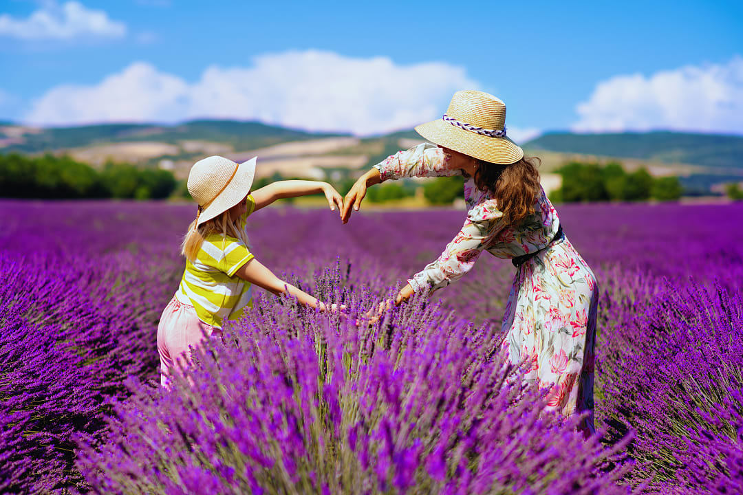 Mother and daughter in the lavendar fields of Provence, France