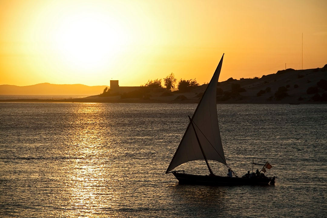 Dhow sailing at sunset in Lamu Island, Kenya