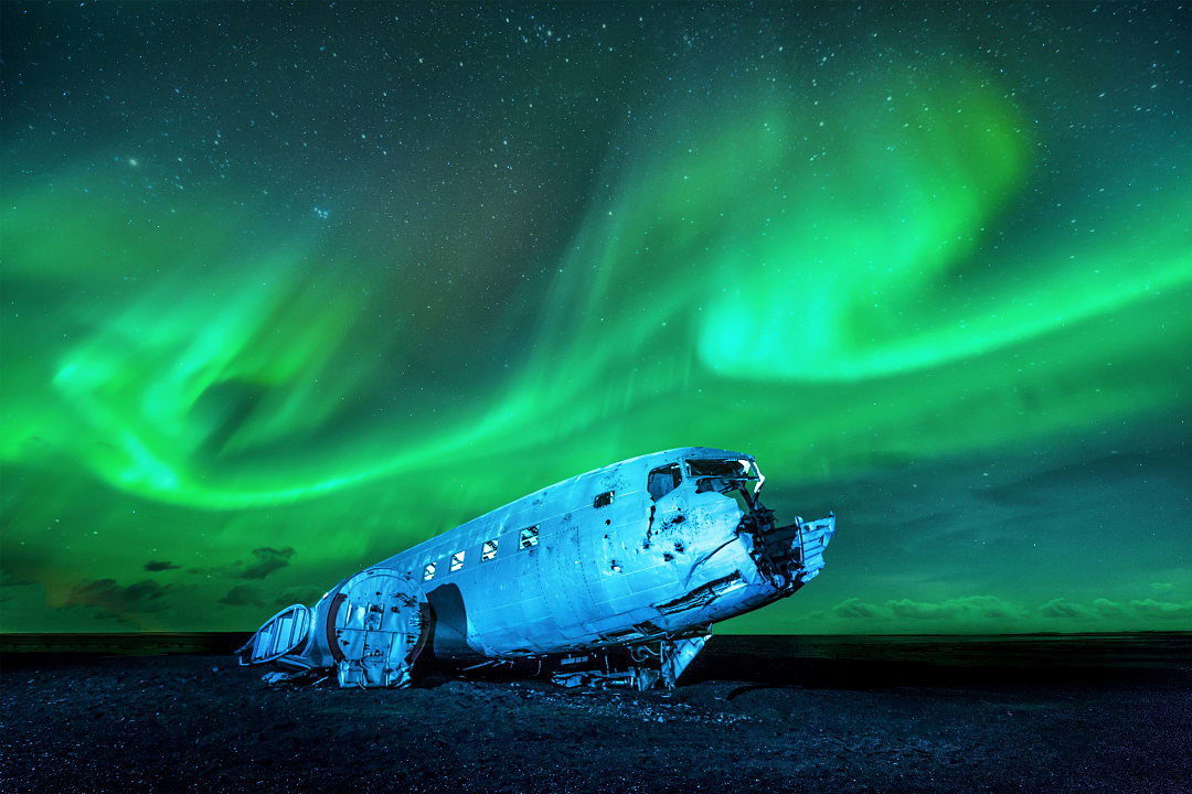 Iconic wreckage of a US Navy Douglas DC-3 airplane in Sólheimasandur Beach, Iceland.