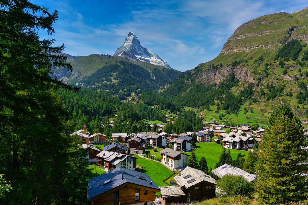 Townscape with Matterhorn mountain on sunny day at Zermatt, Switzerland.