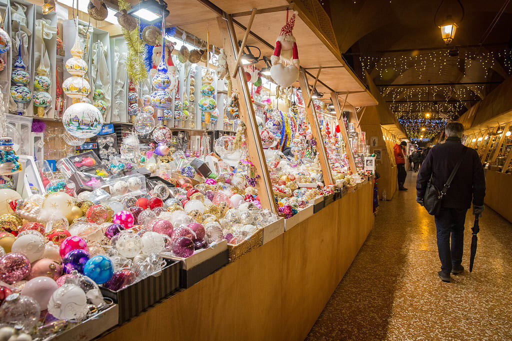 Christmas balls and decorations in Bologna Christmas market