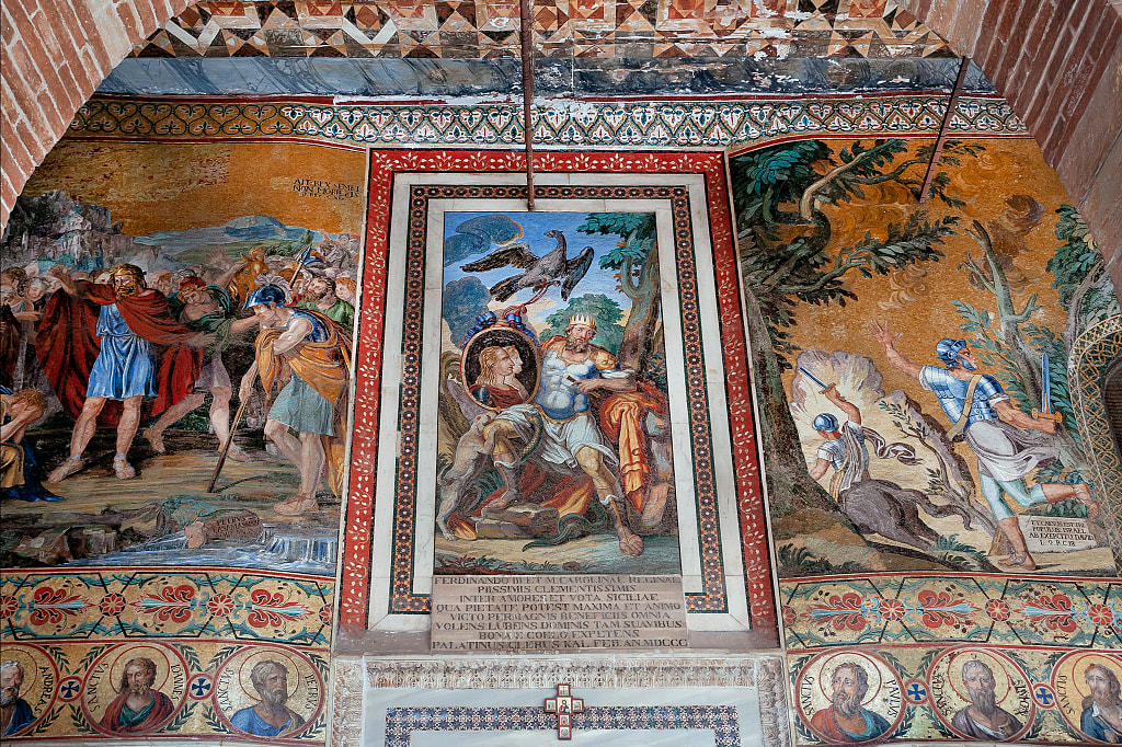 Mosaic artwork on display in the 12th century royal chapel of the Norman palace in Palermo, Sicily