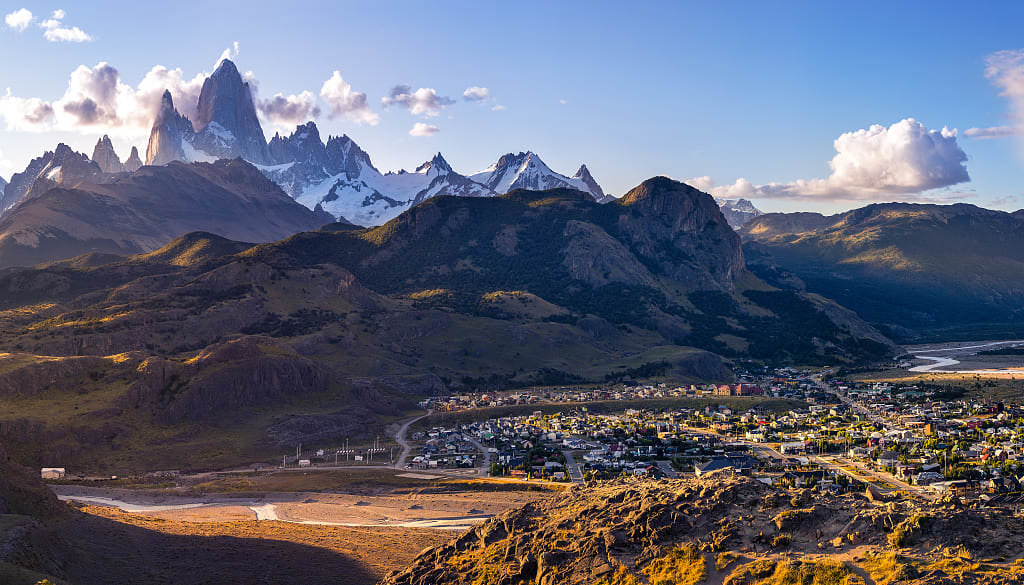 The village of El Chalten and the Patagonian mountains of Cerro Torre and Fitz Roy