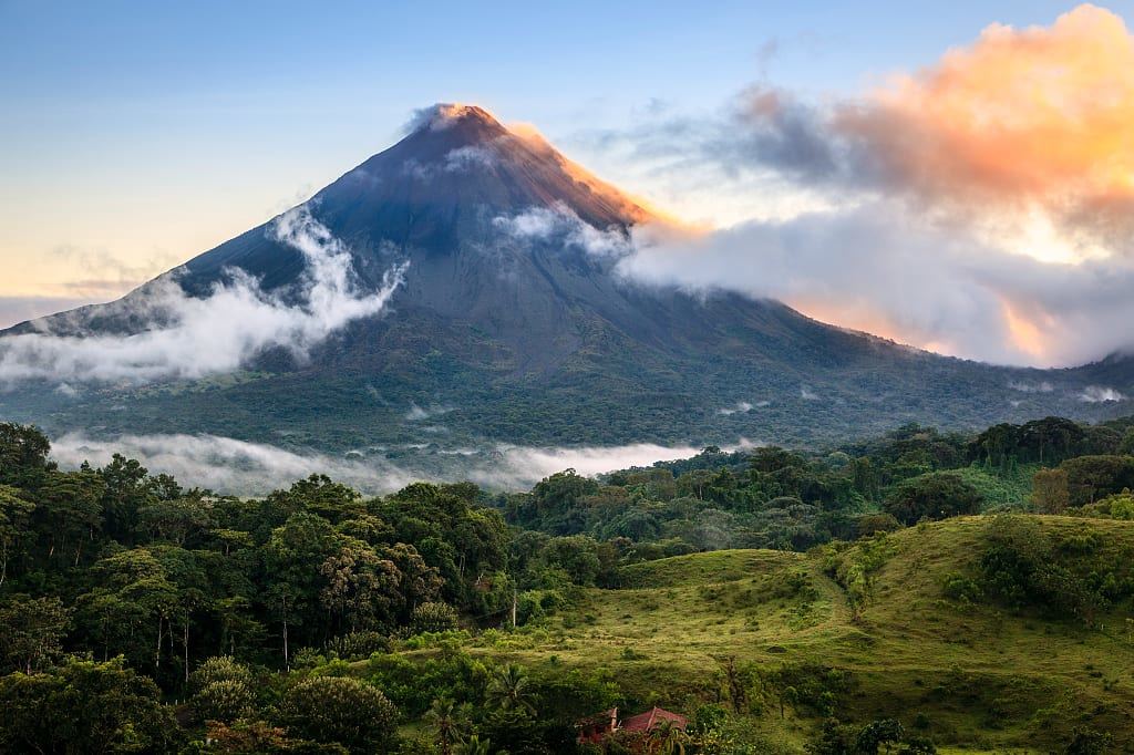 Scenic view of Arenal volcano in Costa Rica at sunrise