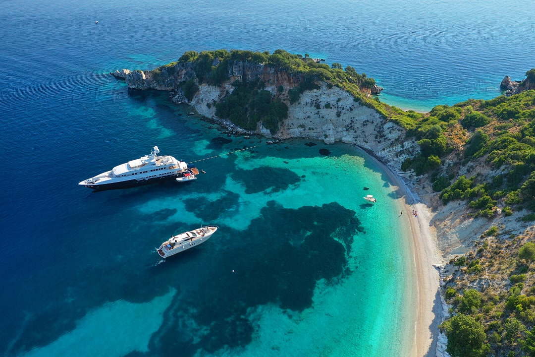 Yachts moored while island hopping in Greece