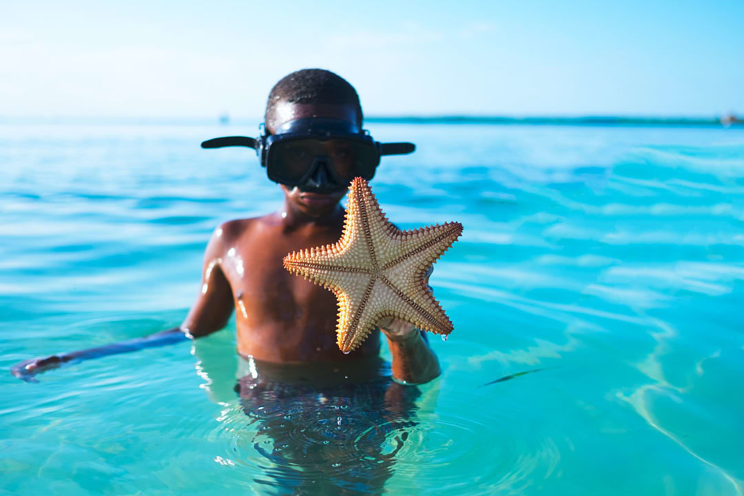 Young boy shows off a starfish he found while snorkeling in Belize