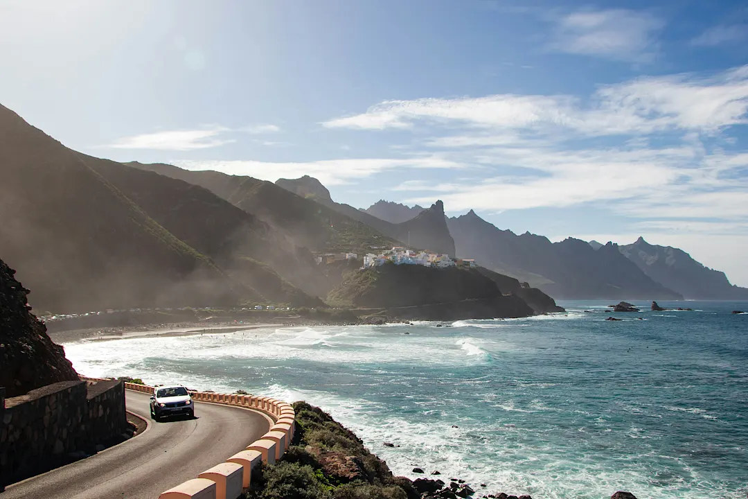 Coastal road overlooking Benijo Beach and the rugged Anaga Mountains in Tenerife, Canary Islands