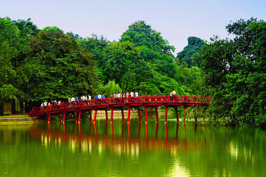 Red bridge on Kiem Lake in Hanoi, Vietnam.
