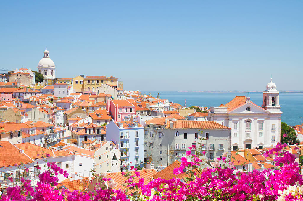 Pastel buildings on the hillside in Lisbon, Portugal