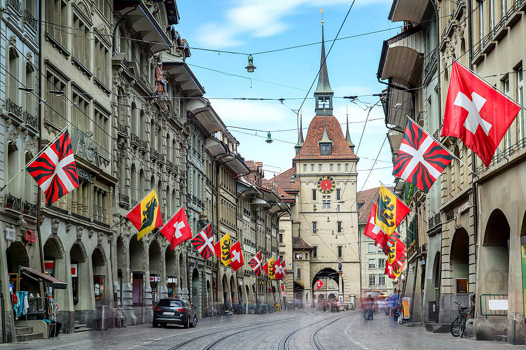 Shopping alley with famous clocktower of Bern